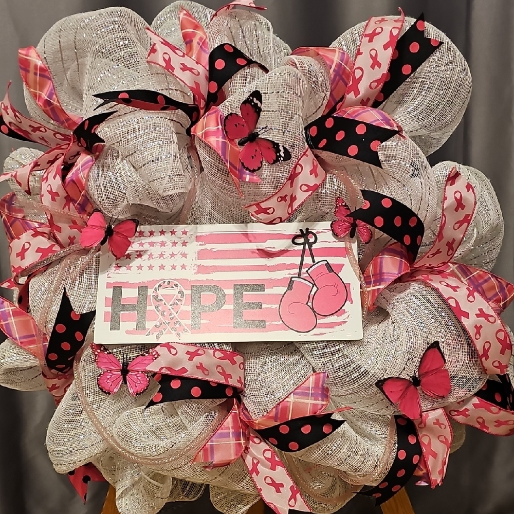 Pink and White Hope Breast Cancer Wreath with Butterflies